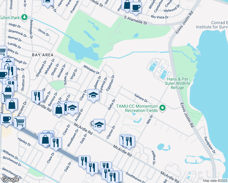 map of restaurants, bars, coffee shops, grocery stores, and more near 928 Egyptian Drive in Corpus Christi