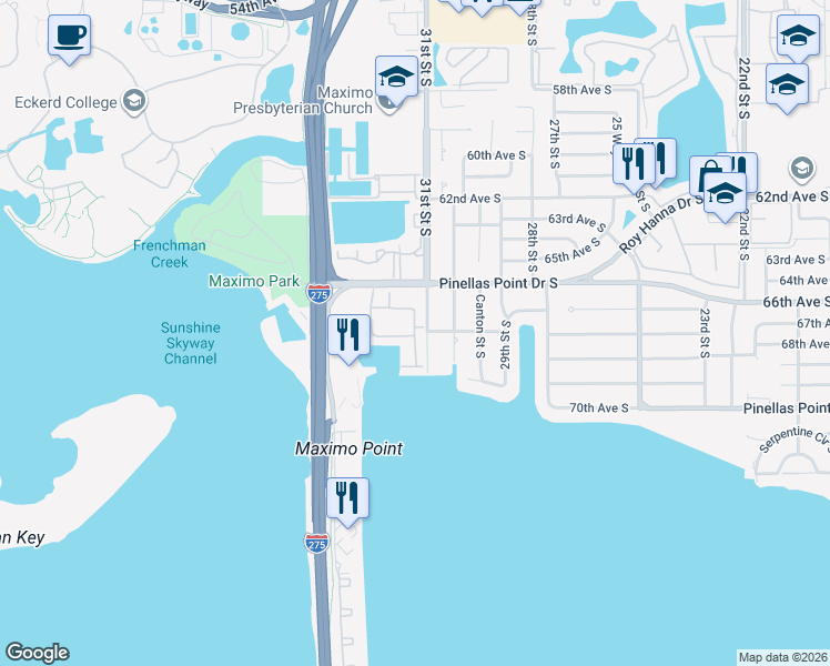 map of restaurants, bars, coffee shops, grocery stores, and more near 6672 31st Way South in St. Petersburg