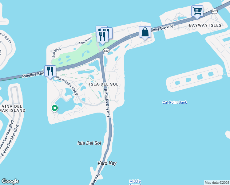 map of restaurants, bars, coffee shops, grocery stores, and more near 6269 Palma Del Mar Boulevard South in St. Petersburg