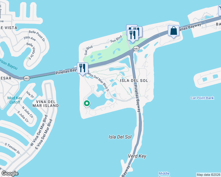 map of restaurants, bars, coffee shops, grocery stores, and more near 6093 Bahia Del Mar Boulevard South in Saint Petersburg