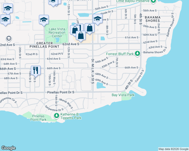 map of restaurants, bars, coffee shops, grocery stores, and more near 873 68th Avenue South in St. Petersburg
