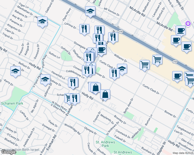 map of restaurants, bars, coffee shops, grocery stores, and more near 4817 Bonner Drive in Corpus Christi