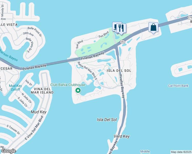 map of restaurants, bars, coffee shops, grocery stores, and more near Bahia Del Mar Boulevard South in St. Petersburg