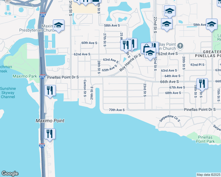 map of restaurants, bars, coffee shops, grocery stores, and more near 2700 66th Terrace South in St. Petersburg