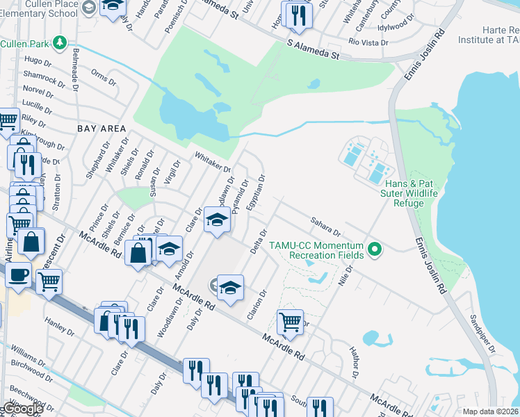 map of restaurants, bars, coffee shops, grocery stores, and more near 928 Egyptian Drive in Corpus Christi