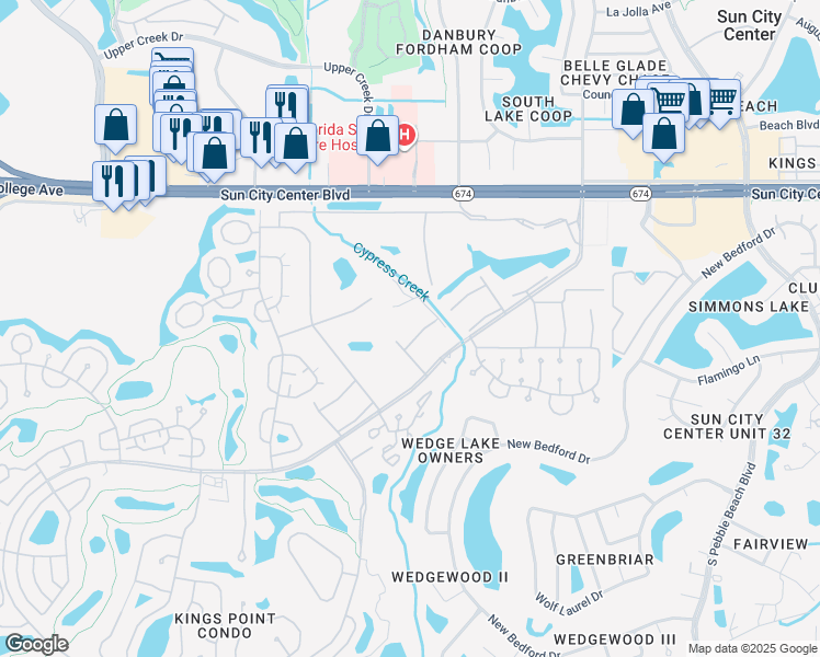 map of restaurants, bars, coffee shops, grocery stores, and more near 301 Andover Place South in Sun City Center