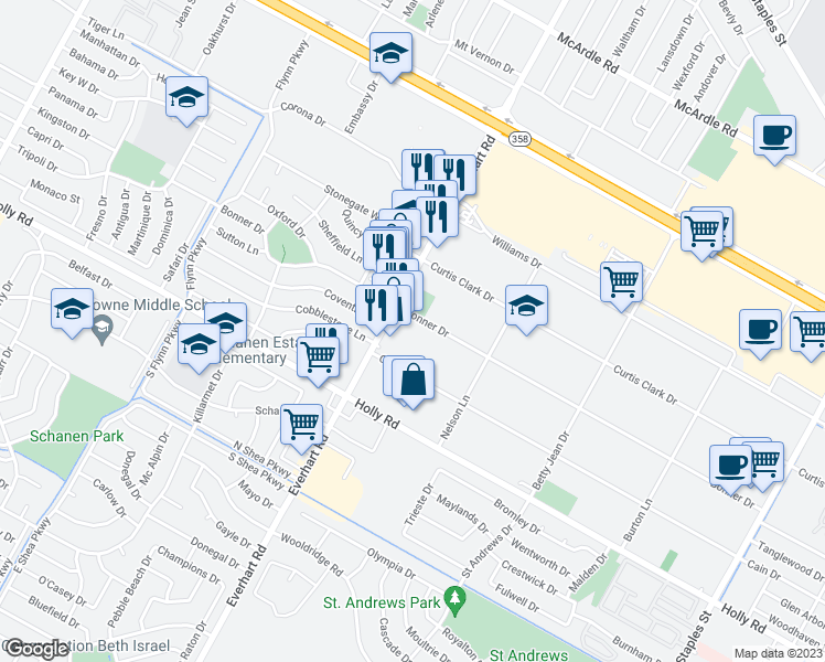 map of restaurants, bars, coffee shops, grocery stores, and more near 4817 Bonner Drive in Corpus Christi