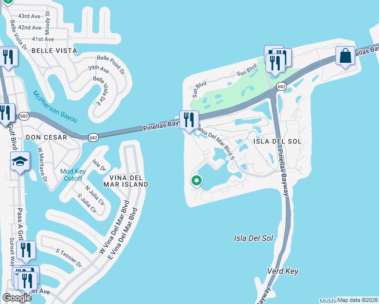 map of restaurants, bars, coffee shops, grocery stores, and more near 5901 Bahia Del Mar Circle in St. Petersburg