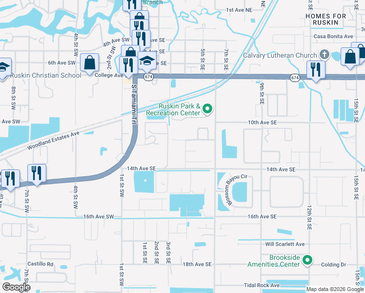 map of restaurants, bars, coffee shops, grocery stores, and more near 1205 Addison Manor Drive in Ruskin