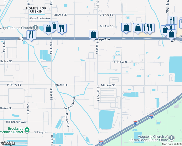 map of restaurants, bars, coffee shops, grocery stores, and more near 1202 Humble Haven Street in Ruskin