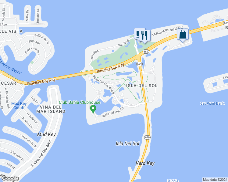 map of restaurants, bars, coffee shops, grocery stores, and more near Bahia Del Mar Boulevard South in St. Petersburg
