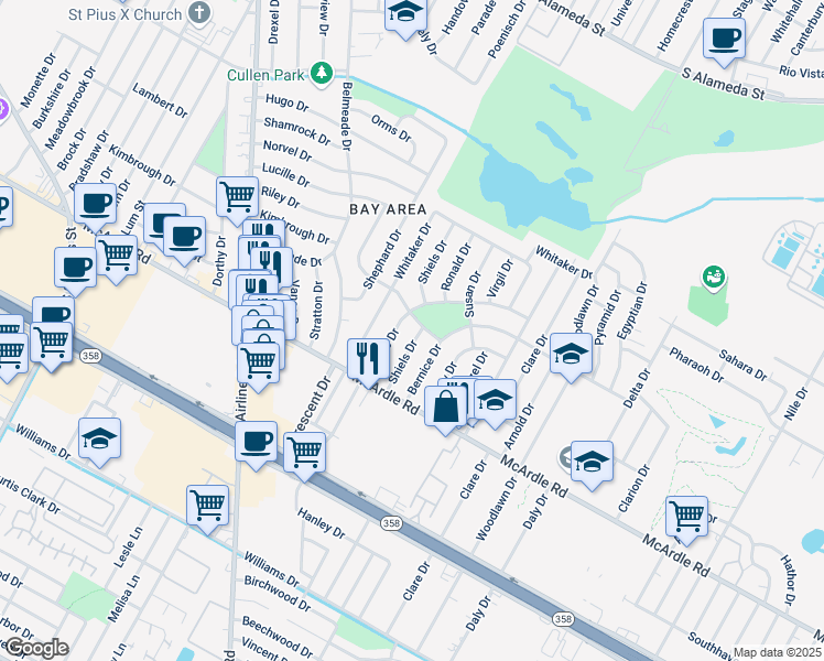 map of restaurants, bars, coffee shops, grocery stores, and more near 1109 Bernice Drive in Corpus Christi