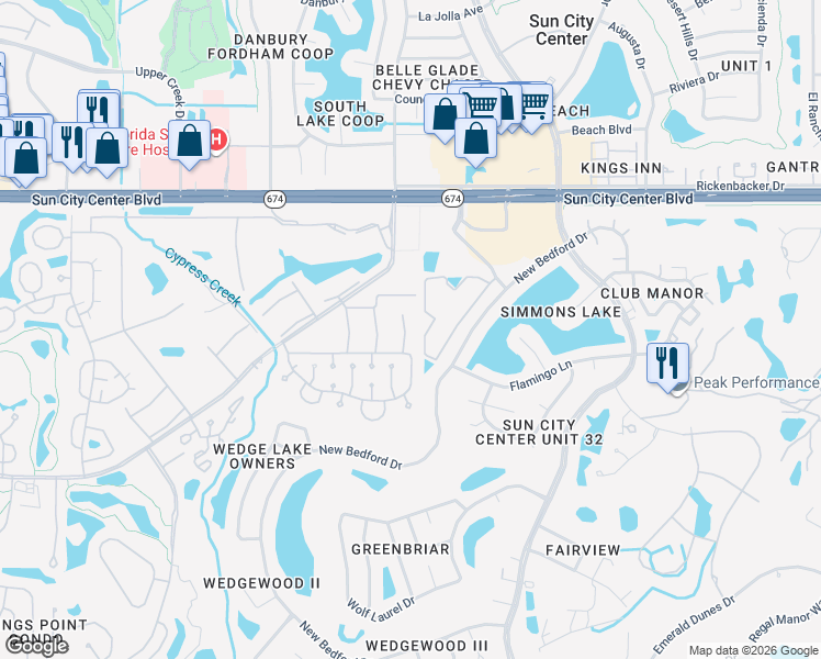 map of restaurants, bars, coffee shops, grocery stores, and more near 1802 Bedford Lane in Sun City Center