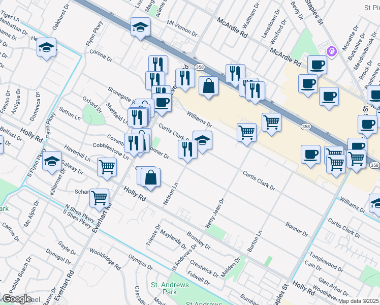 map of restaurants, bars, coffee shops, grocery stores, and more near 4929 Curtis Clark Drive in Corpus Christi