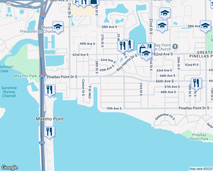 map of restaurants, bars, coffee shops, grocery stores, and more near 2700 66th Terrace South in St. Petersburg