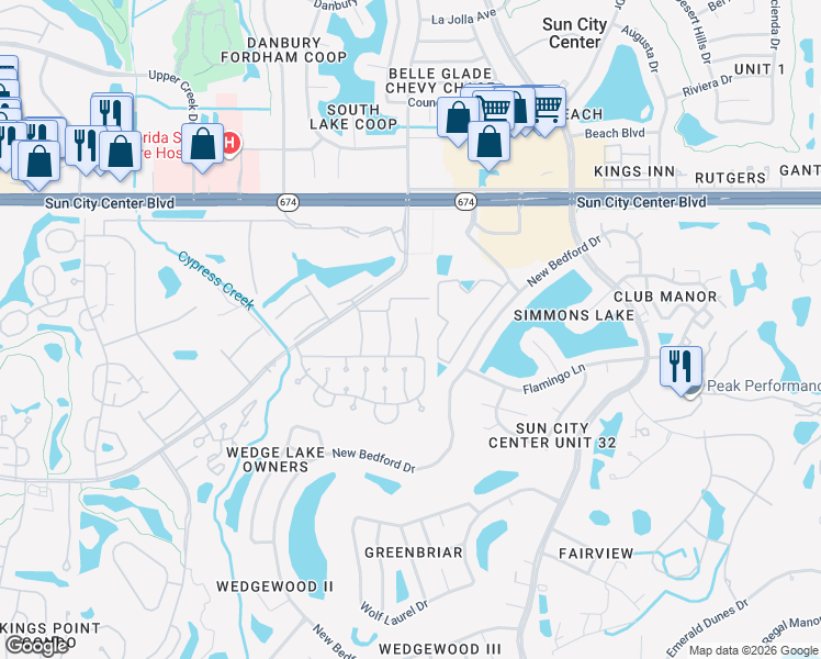 map of restaurants, bars, coffee shops, grocery stores, and more near 1801 Bedford Lane in Sun City Center