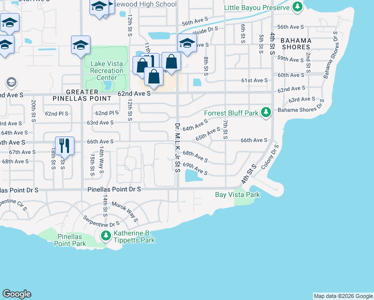map of restaurants, bars, coffee shops, grocery stores, and more near 873 68th Avenue South in St. Petersburg
