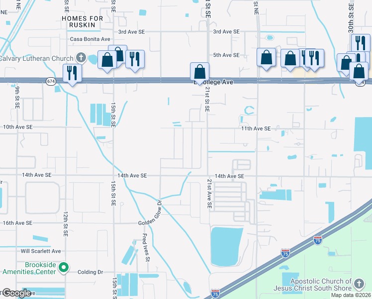 map of restaurants, bars, coffee shops, grocery stores, and more near 1120 Shared Passion Street in Ruskin