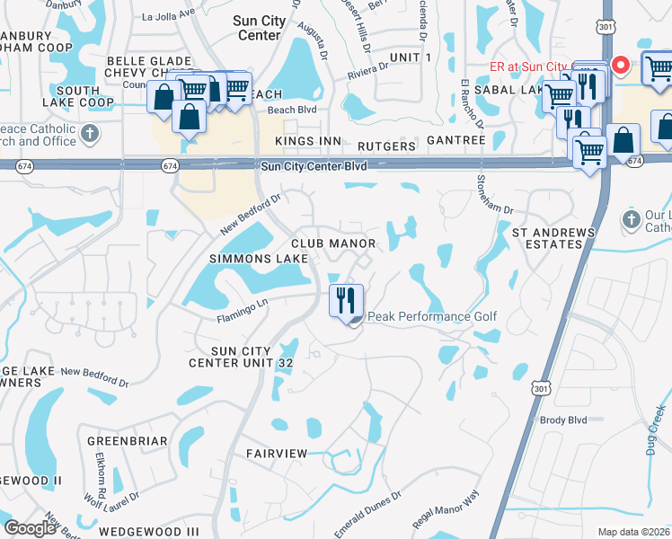 map of restaurants, bars, coffee shops, grocery stores, and more near 321 Green Manor Drive in Sun City Center