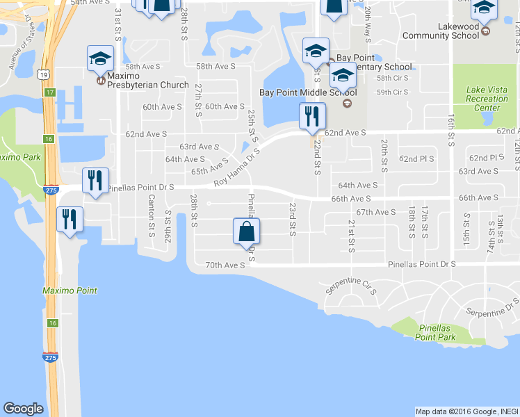 map of restaurants, bars, coffee shops, grocery stores, and more near 2480 66th Terrace S in St Petersburg