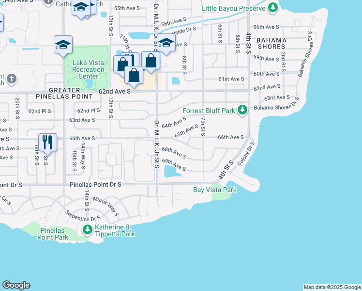 map of restaurants, bars, coffee shops, grocery stores, and more near 810 Bay Vista Boulevard South in Saint Petersburg