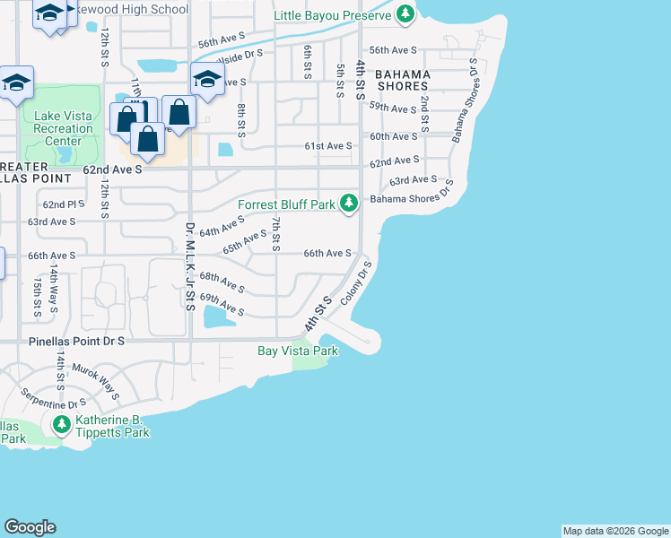 map of restaurants, bars, coffee shops, grocery stores, and more near 499 68th Avenue South in St. Petersburg