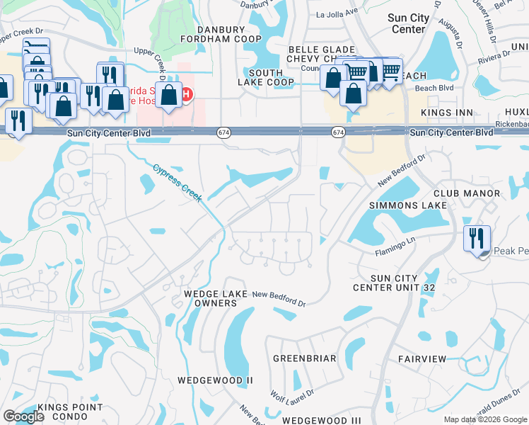map of restaurants, bars, coffee shops, grocery stores, and more near 201 Bedford Trail in Sun City Center