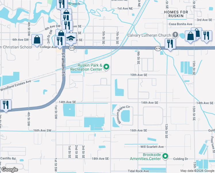 map of restaurants, bars, coffee shops, grocery stores, and more near 513 Corbett Bluff Drive in Ruskin