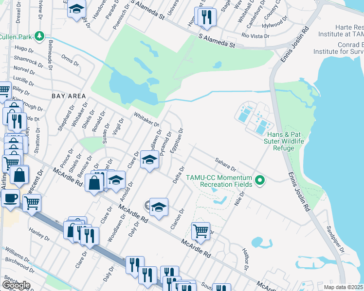 map of restaurants, bars, coffee shops, grocery stores, and more near 928 Egyptian Drive in Corpus Christi