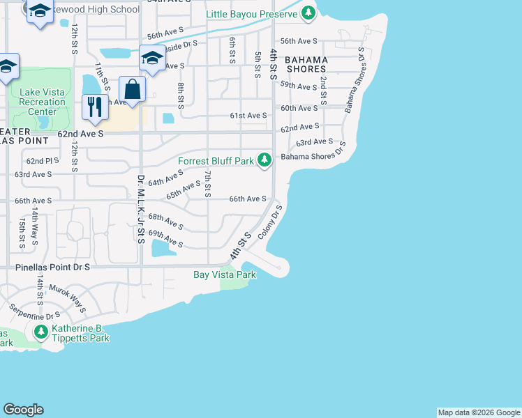 map of restaurants, bars, coffee shops, grocery stores, and more near 499 68th Avenue South in St. Petersburg