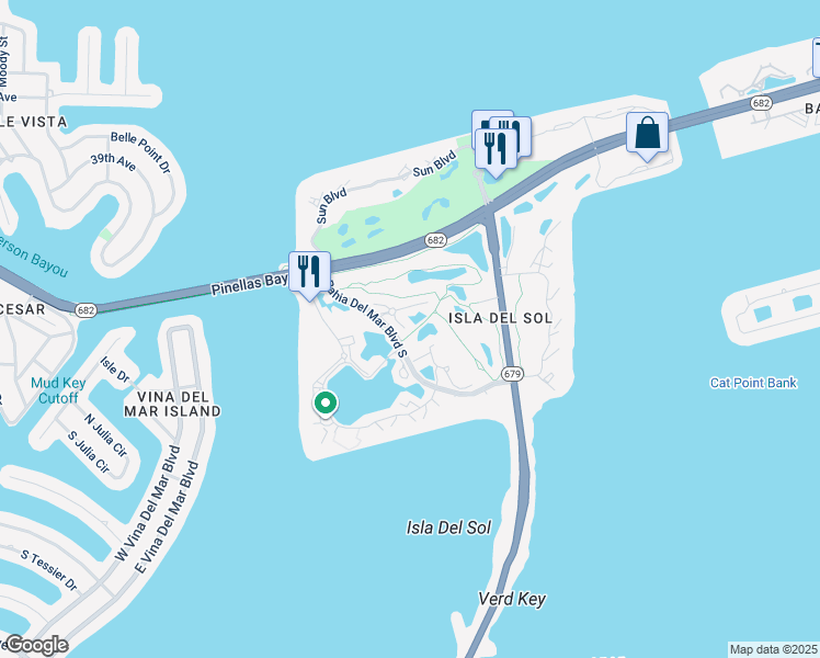 map of restaurants, bars, coffee shops, grocery stores, and more near 6141 Bahia Del Mar Boulevard South in St. Petersburg