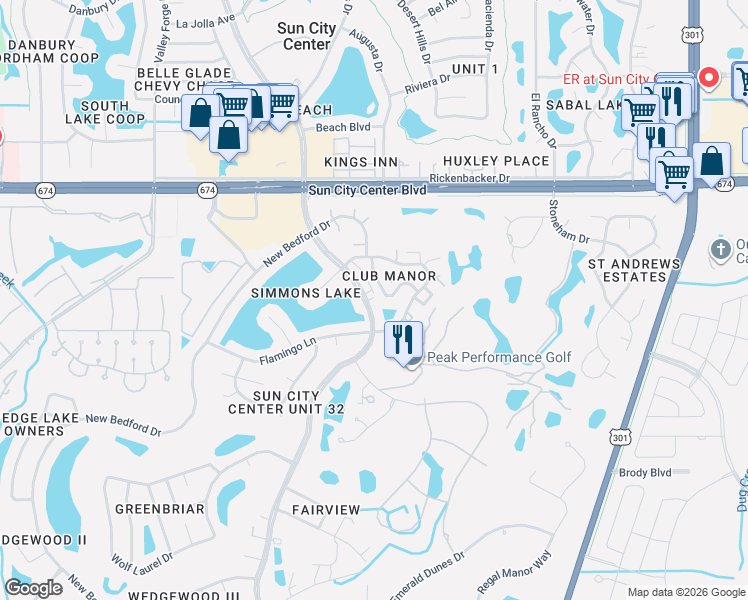 map of restaurants, bars, coffee shops, grocery stores, and more near 321 Green Manor Drive in Sun City Center