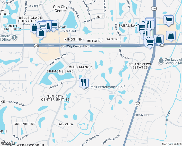 map of restaurants, bars, coffee shops, grocery stores, and more near 325 Faircross Circle in Sun City Center