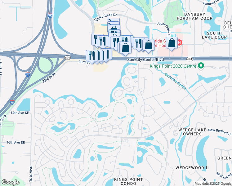 map of restaurants, bars, coffee shops, grocery stores, and more near 2316 Gainesborough Loop in Sun City Center