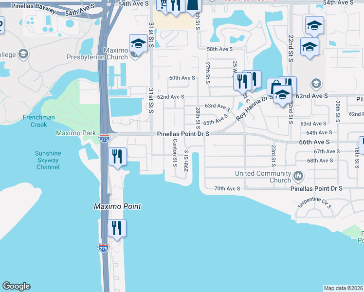 map of restaurants, bars, coffee shops, grocery stores, and more near 6655 29th Street South in St. Petersburg