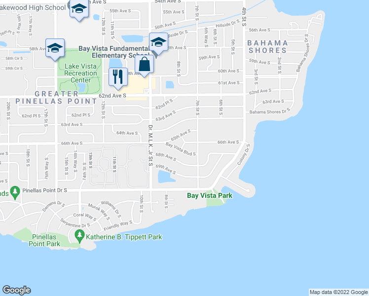 map of restaurants, bars, coffee shops, grocery stores, and more near 810 Bay Vista Boulevard South in St. Petersburg