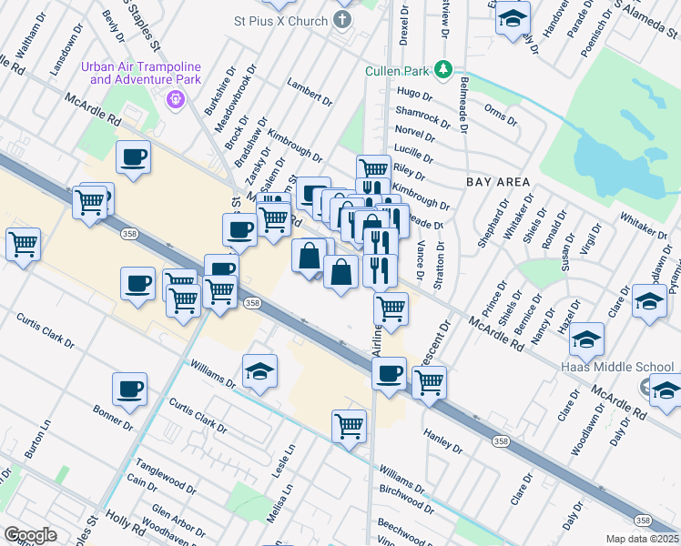 map of restaurants, bars, coffee shops, grocery stores, and more near 5858 South Padre Island Drive in Corpus Christi