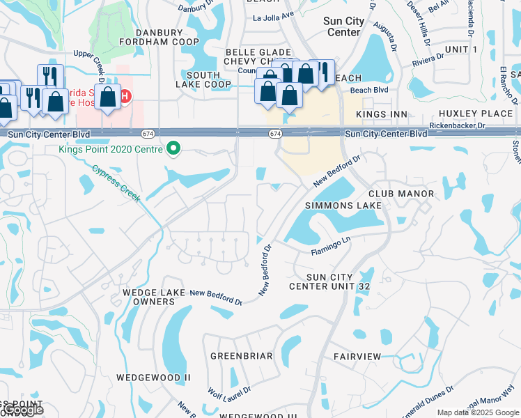 map of restaurants, bars, coffee shops, grocery stores, and more near 4 Courtyard Boulevard in Sun City Center