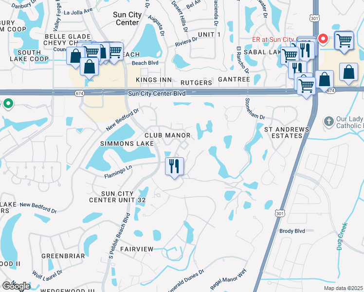 map of restaurants, bars, coffee shops, grocery stores, and more near 325 Faircross Circle in Sun City Center