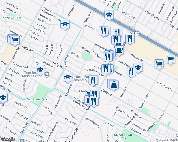 map of restaurants, bars, coffee shops, grocery stores, and more near 4621 Cobblestone Lane in Corpus Christi