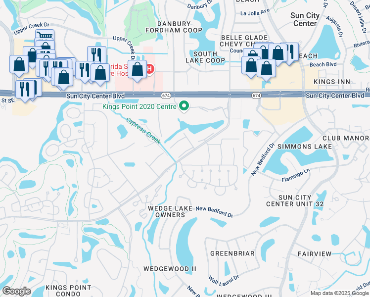 map of restaurants, bars, coffee shops, grocery stores, and more near 205 Kings Boulevard in Sun City Center