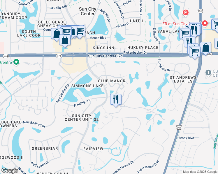 map of restaurants, bars, coffee shops, grocery stores, and more near 321 Green Manor Drive in Sun City Center