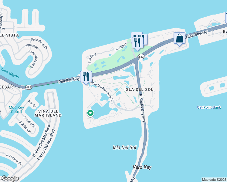 map of restaurants, bars, coffee shops, grocery stores, and more near 6141 Bahia Del Mar Boulevard South in St. Petersburg