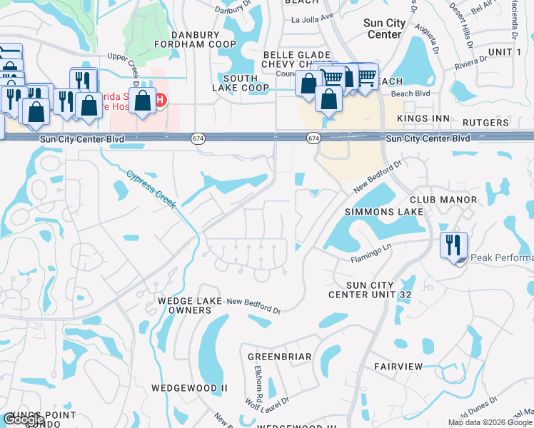 map of restaurants, bars, coffee shops, grocery stores, and more near 201 Bedford Street in Sun City Center