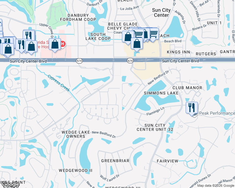 map of restaurants, bars, coffee shops, grocery stores, and more near 4 Courtyard Boulevard in Sun City Center