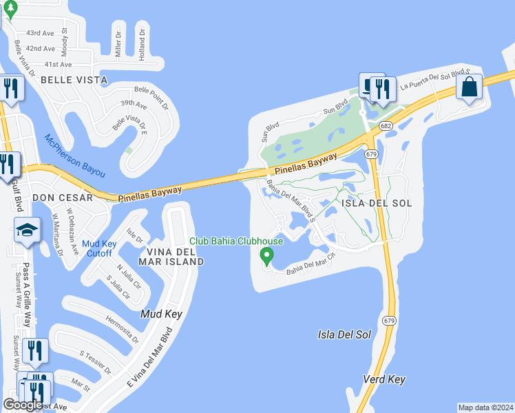 map of restaurants, bars, coffee shops, grocery stores, and more near 5901 Bahia Del Mar Circle in St. Petersburg