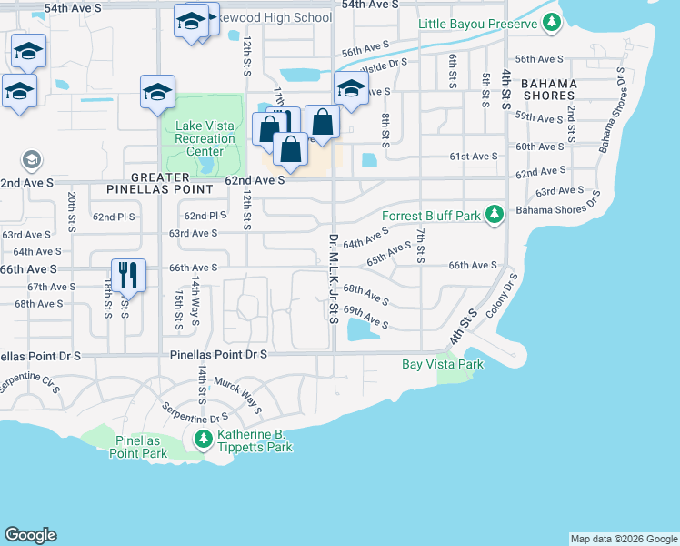 map of restaurants, bars, coffee shops, grocery stores, and more near 873 68th Avenue South in St. Petersburg