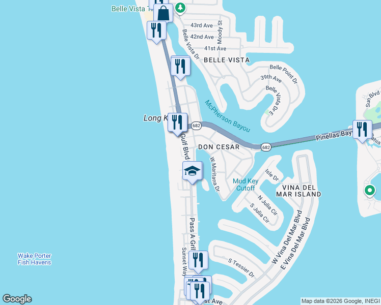 map of restaurants, bars, coffee shops, grocery stores, and more near 3212 El Centro Street in St. Pete Beach
