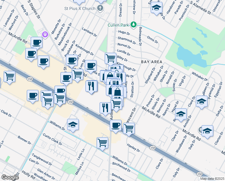 map of restaurants, bars, coffee shops, grocery stores, and more near McArdle Rd & Airline Rd in Corpus Christi