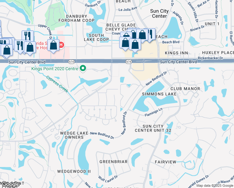map of restaurants, bars, coffee shops, grocery stores, and more near 4 Courtyard Boulevard in Sun City Center